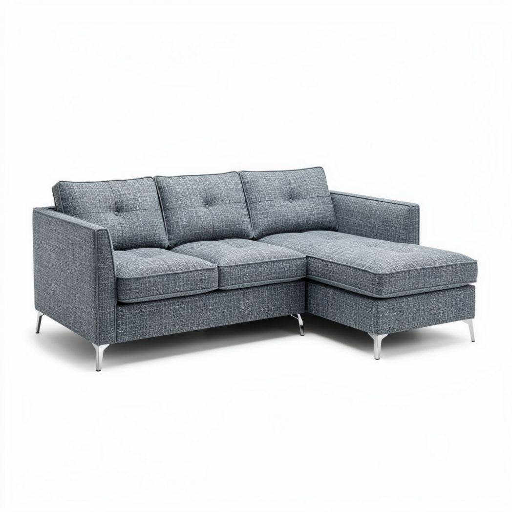 Sectional sofa in grey fabric with tufted cushions and metal legs 200 x 90 x 85cm