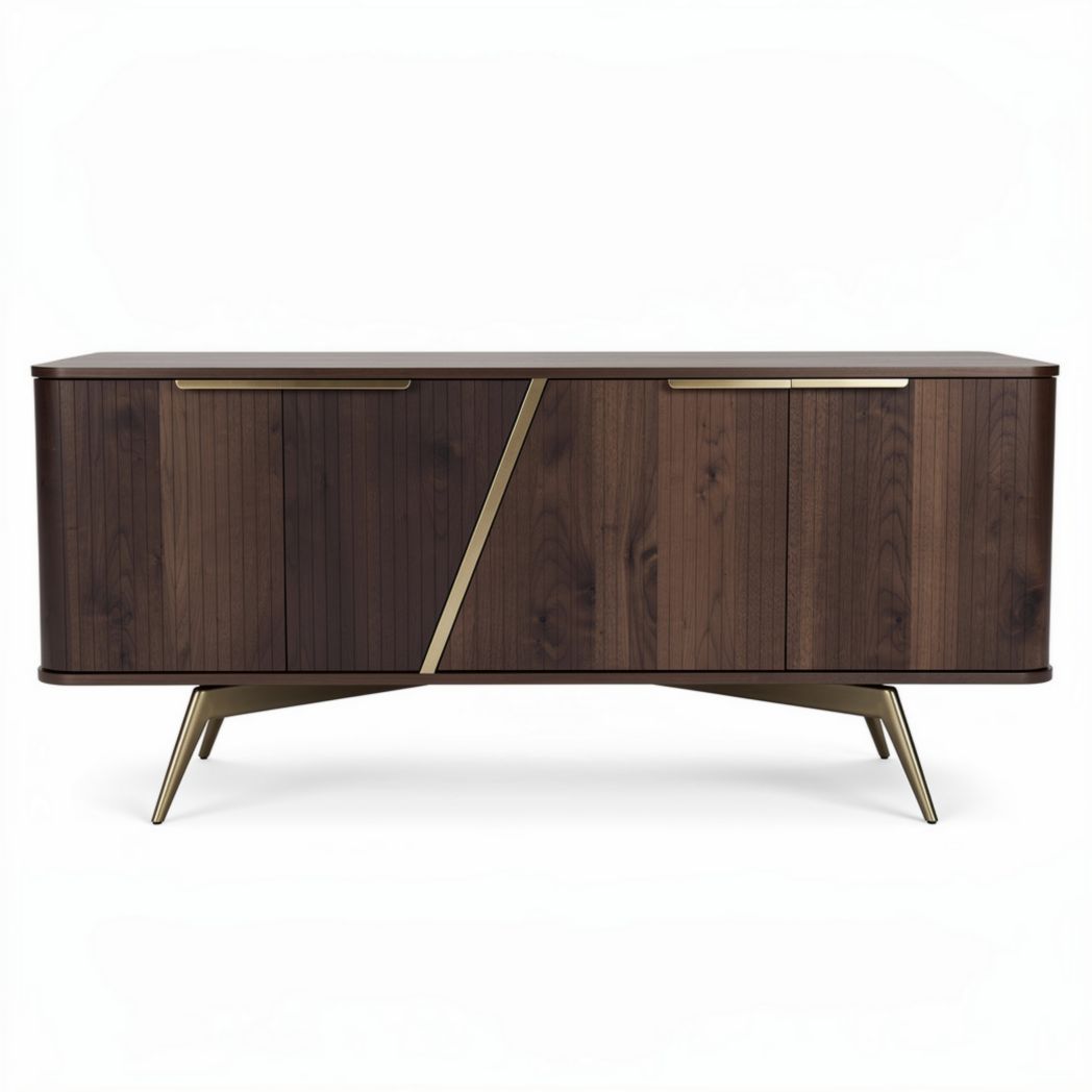 Walnut wood sideboard cabinet with brass accents 120 x 40 x 75cm