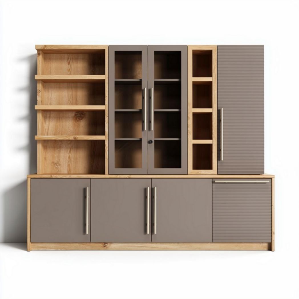 Wooden storage cabinet with gray finish and glass doors 200 x 40 x 180cm