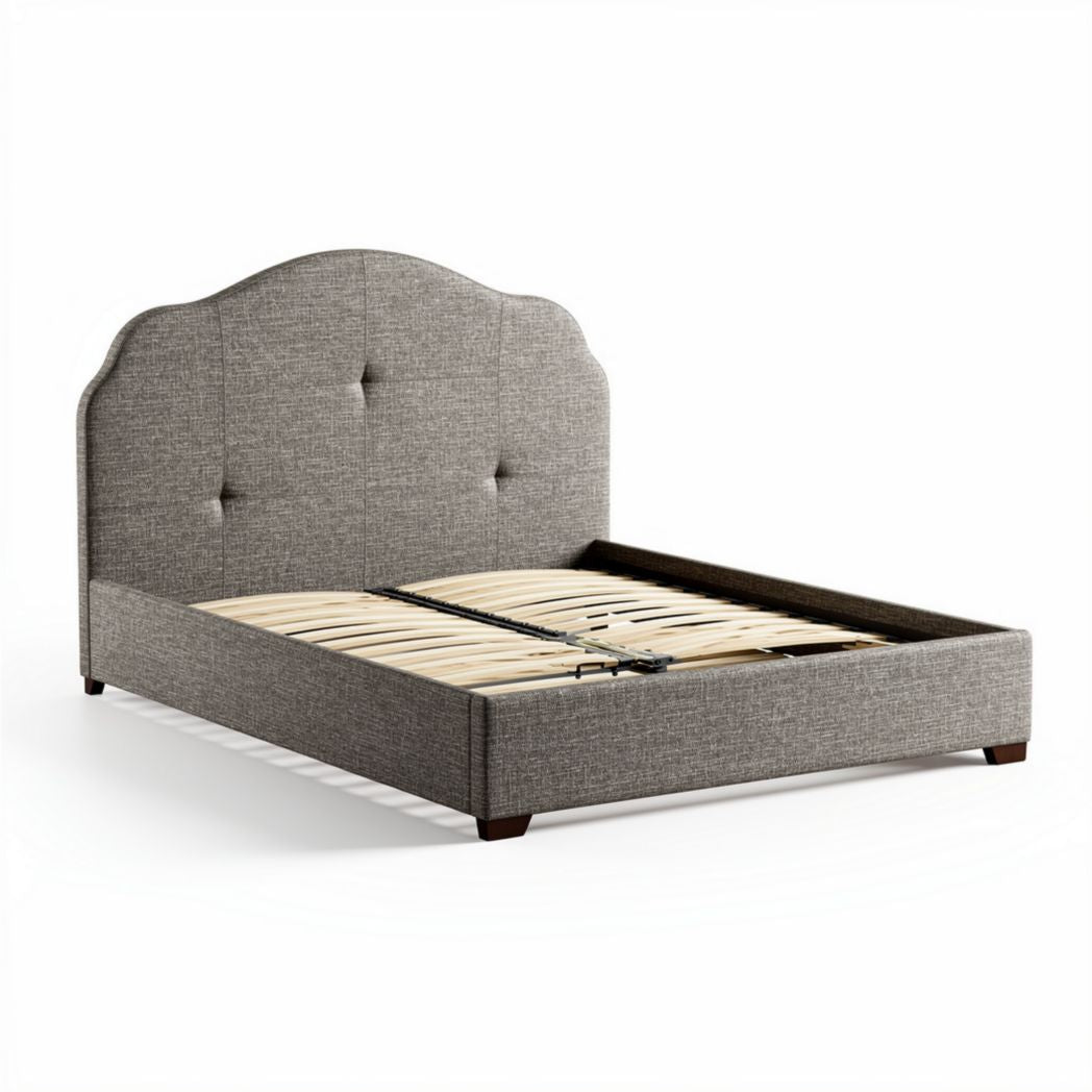 Upholstered queen size platform bed frame with wooden slats in grey fabric