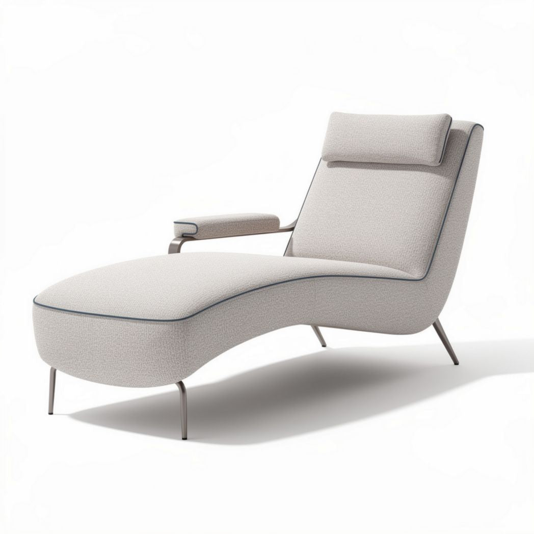 Modern chaise lounge chair in neutral upholstery with metal frame 150 x 70 x 85cm