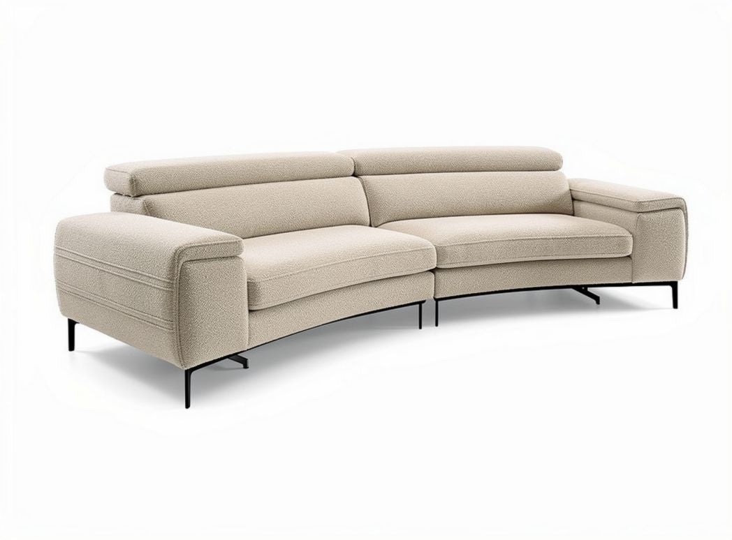 Curved sectional sofa in beige fabric with black metal legs 220 x 90 x 85cm