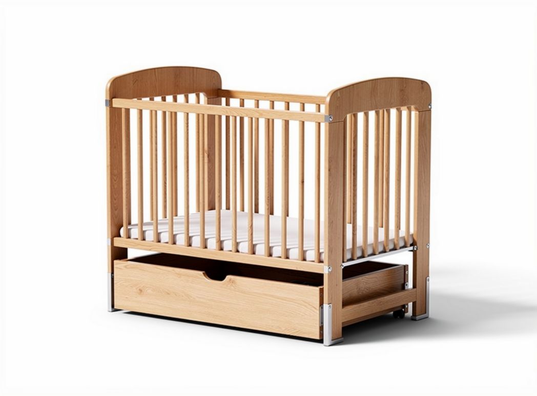 Wooden crib with storage drawer and slatted design suitable for infants