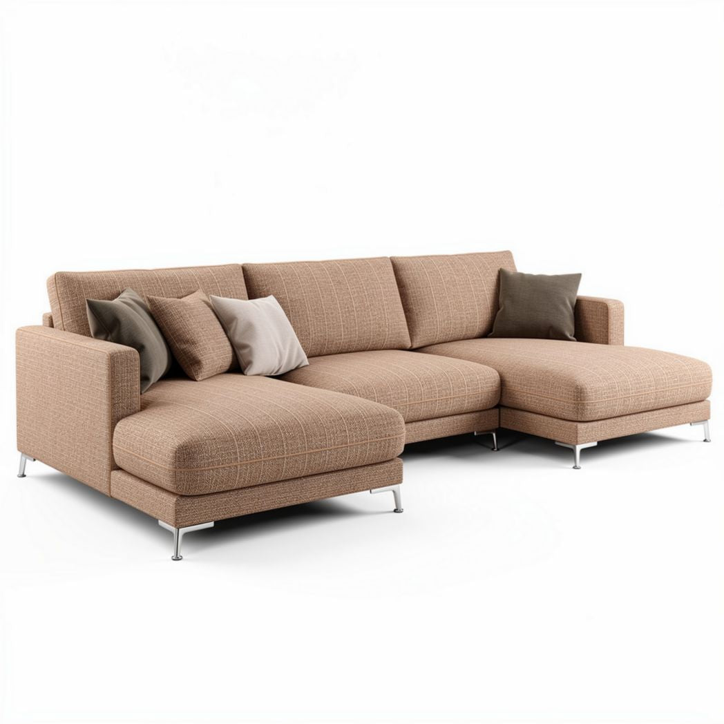 L-shaped sectional sofa in beige fabric with decorative cushions 200 x 90 x 85cm