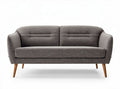 Mid-century modern two-seater sofa with gray fabric upholstery and wooden legs 185 x 85 x 75cm