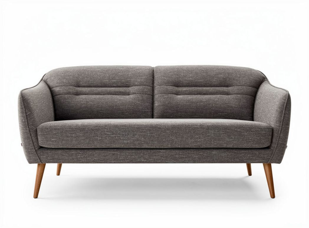 Mid-century modern two-seater sofa with gray fabric upholstery and wooden legs 185 x 85 x 75cm