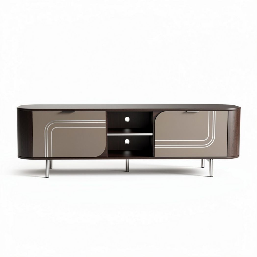 Modern wooden sideboard with grey and brown finish and storage compartments 150 x 40 x 50cm
